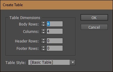 Create Table Dialog Box