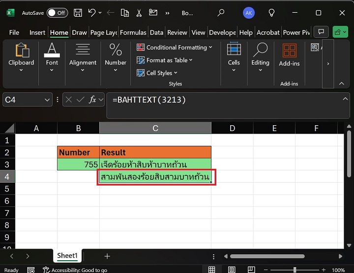 BAHTTEXT function Retrieves Text in Thai