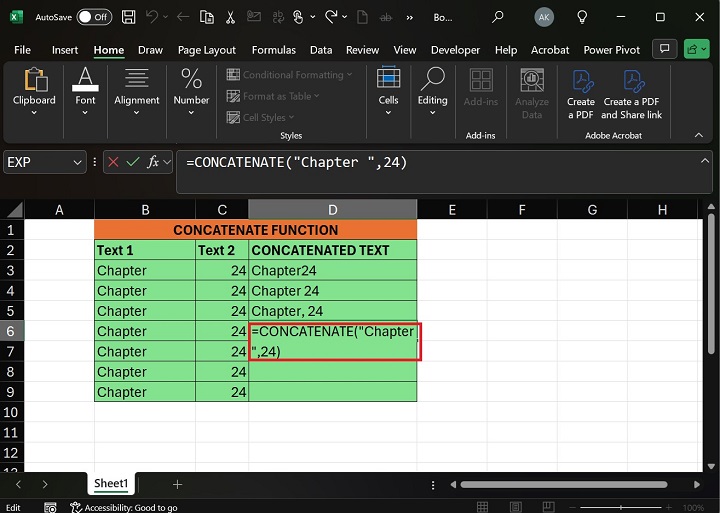 Enter formula CONCATENATE in D6 Cell