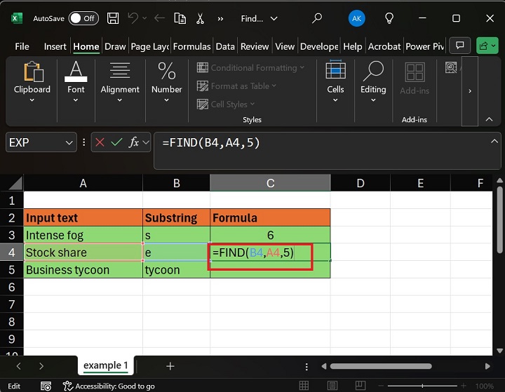 Enter Formula FIND in C4 Cell