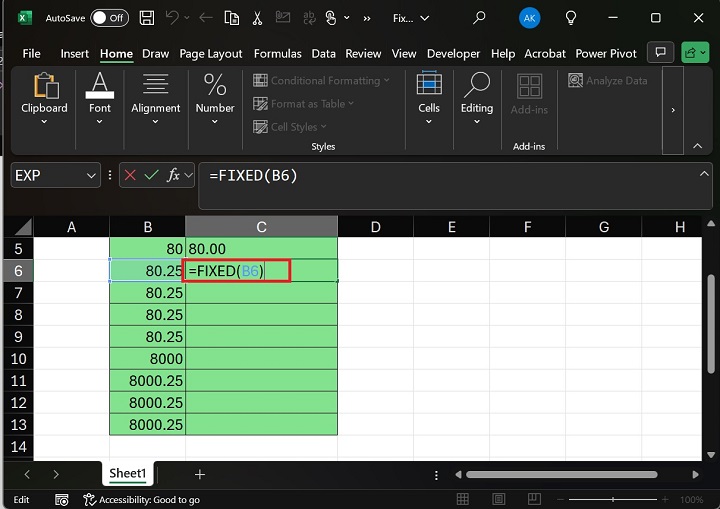 Enter formula FIXED in C6 Cell