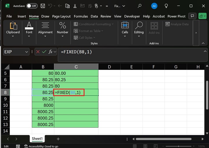 Enter formula FIXED in C8 Cell