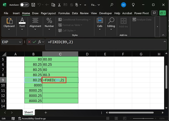 Enter formula FIXED in C9 Cell