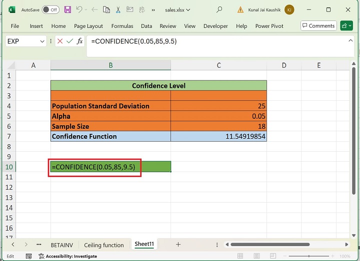 Excel CONFIDENCE Function 11