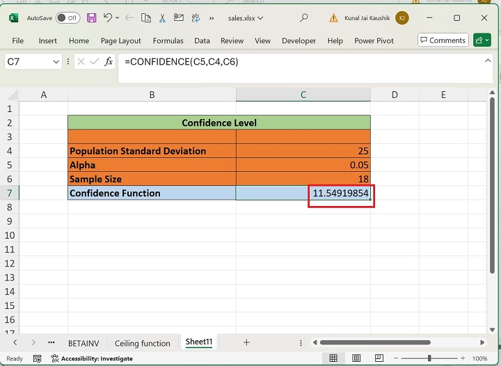 Excel CONFIDENCE Function 2