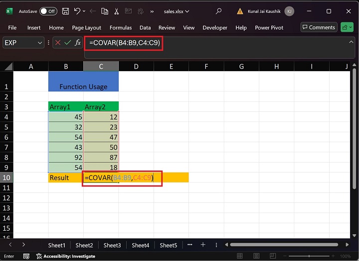 Excel COVAR Function 1