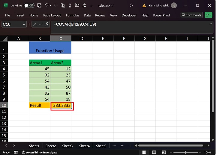 Excel COVAR Function 2