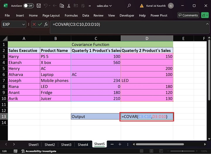 Excel COVAR Function 4