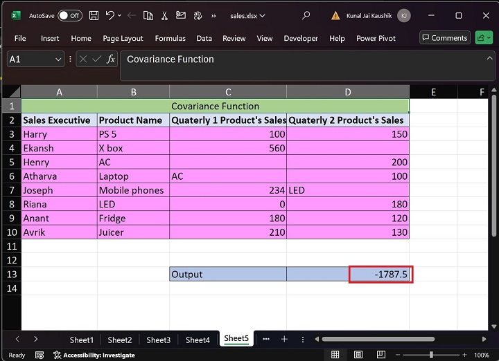 Excel COVAR Function 5