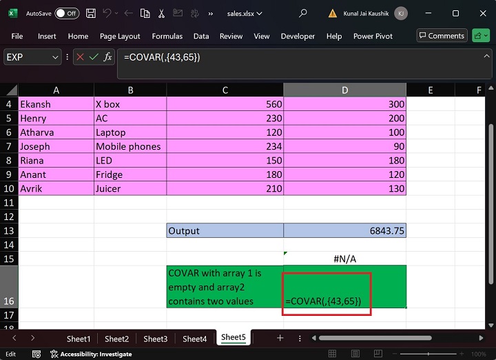 Excel COVAR Function 8