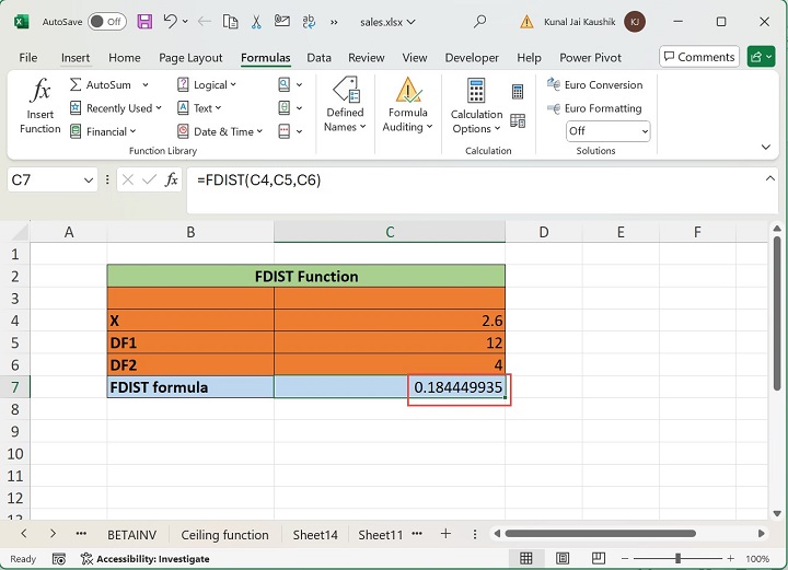 Excel FDIST Function 2