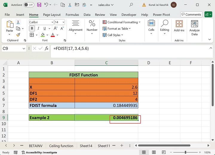 Excel FDIST Function 4