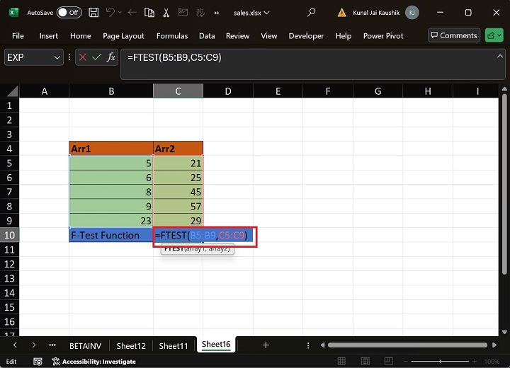 Excel FTEST Function 1