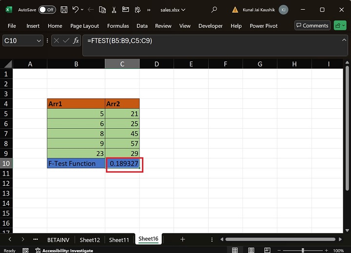 Excel FTEST Function 2