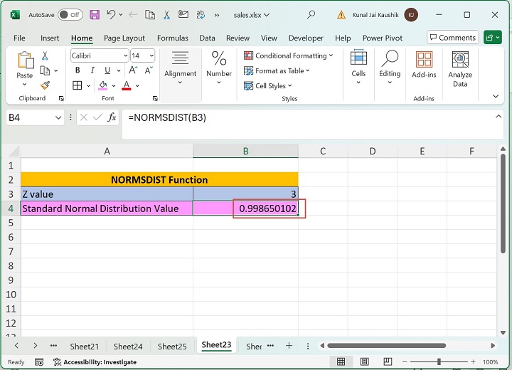 Excel NORMSDIST Function 2