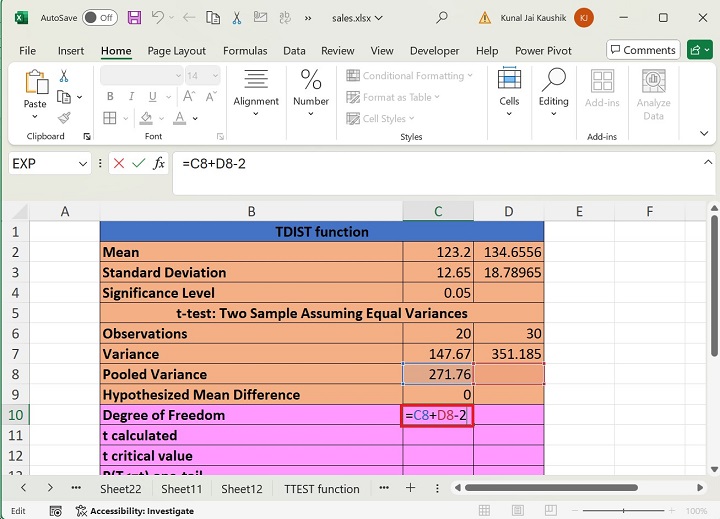 Excel TDIST Function 1