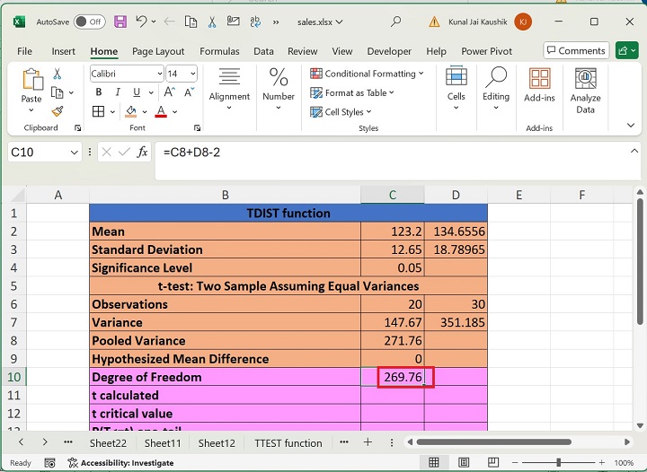 Excel TDIST Function 2