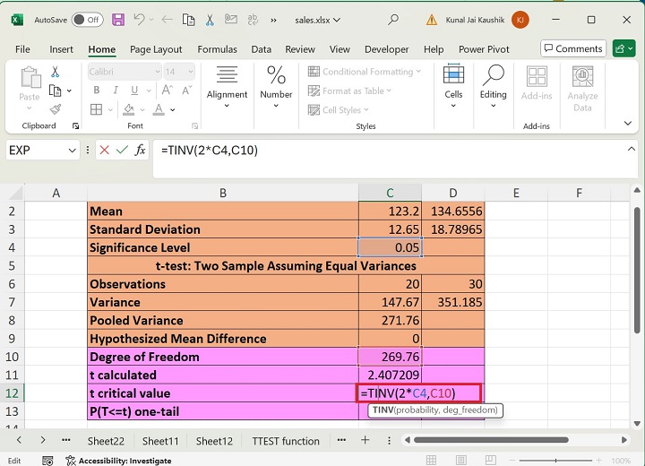 Excel TDIST Function 5