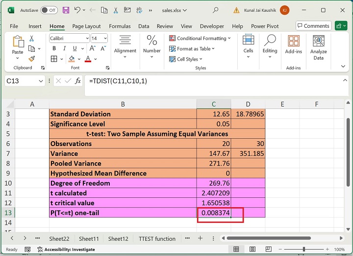 Excel TDIST Function 8