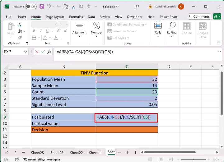 Excel TINV Function 1