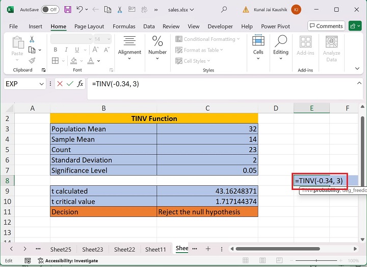 Excel TINV Function 11