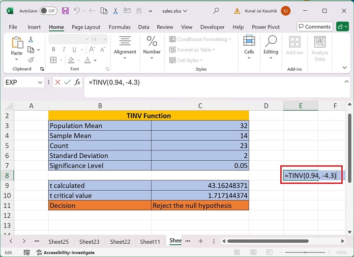 Excel TINV Function 12