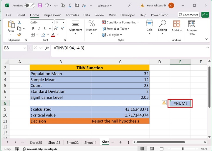 Excel TINV Function 13