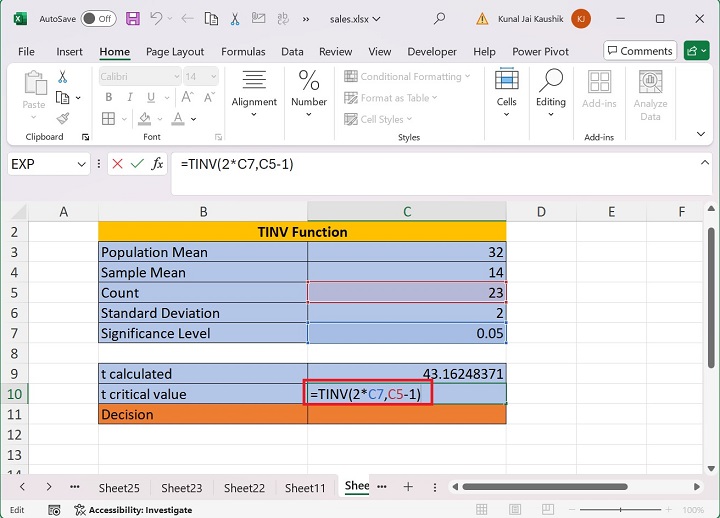 Excel TINV Function 3