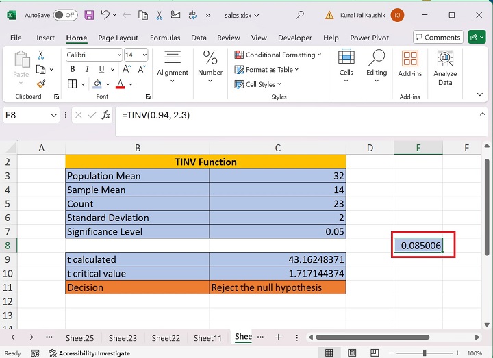 Excel TINV Function 8