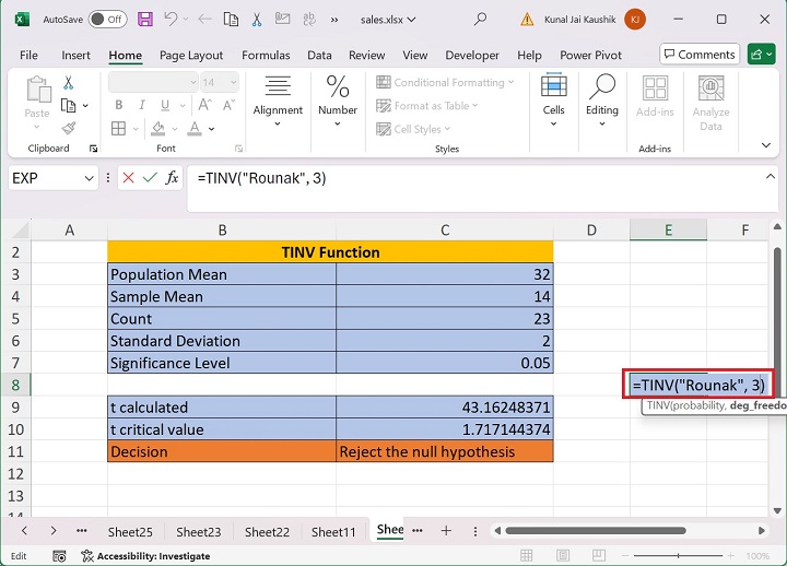 Excel TINV Function 9