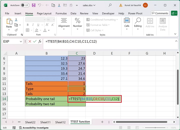 Excel TTEST Function 1