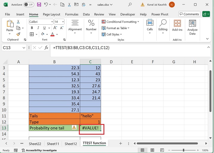 Excel TTEST Function 10