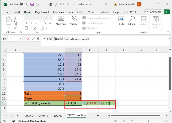 Excel TTEST Function 11