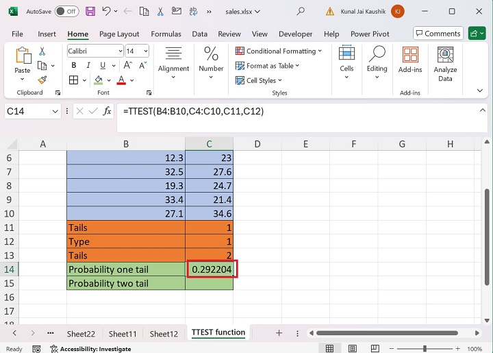 Excel TTEST Function 2