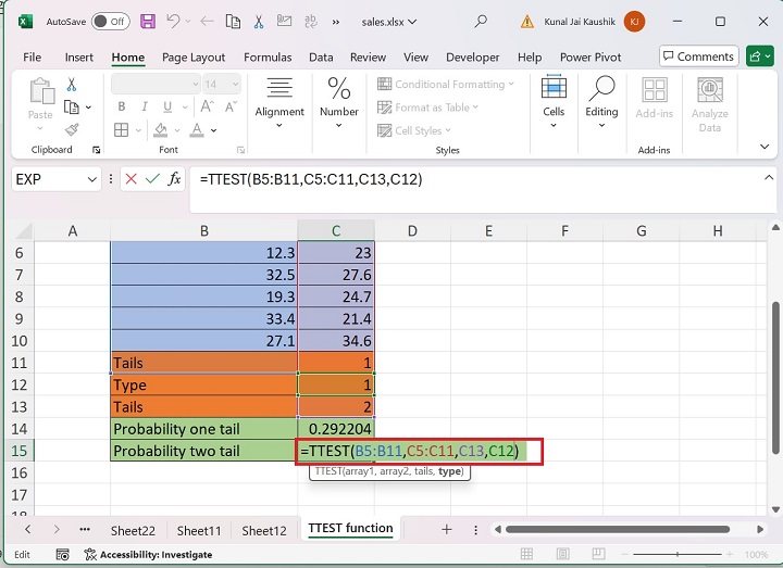 Excel TTEST Function 3