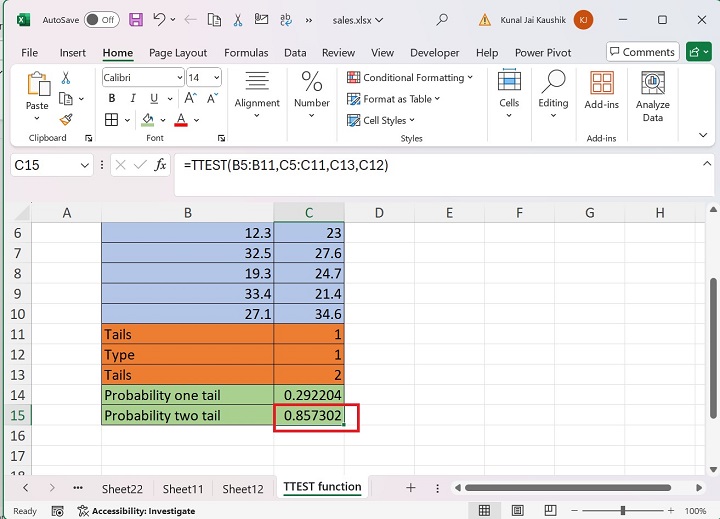 Excel TTEST Function 4