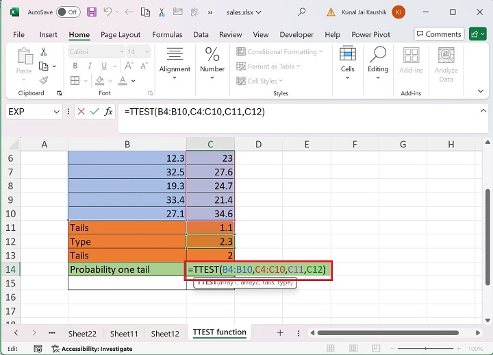 Excel TTEST Function 5