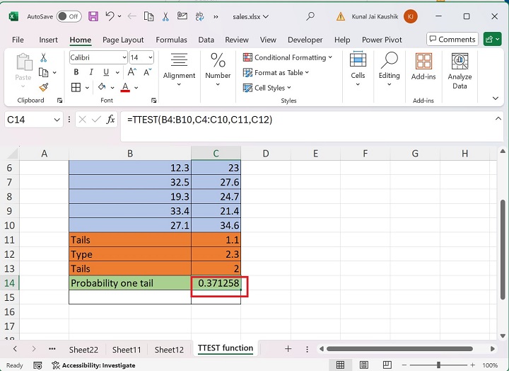 Excel TTEST Function 6