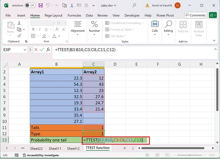 Excel TTEST Function 7