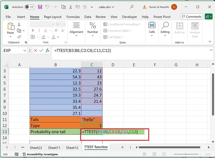 Excel TTEST Function 9