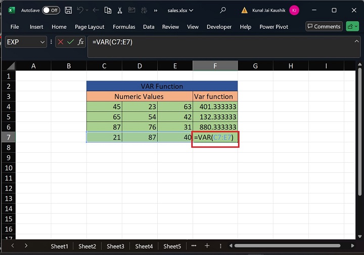 Excel VAR Function 6