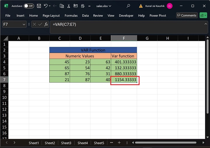 Excel VAR Function 7