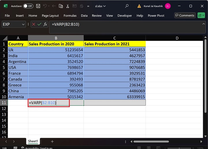 Excel VARP Function 1