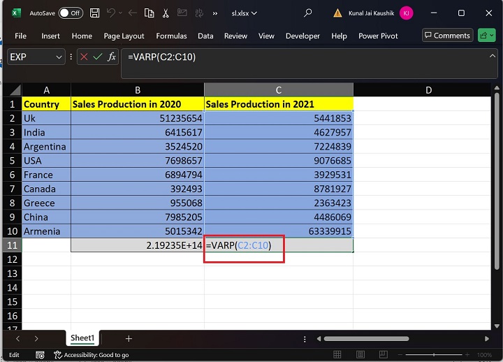 Excel VARP Function 2