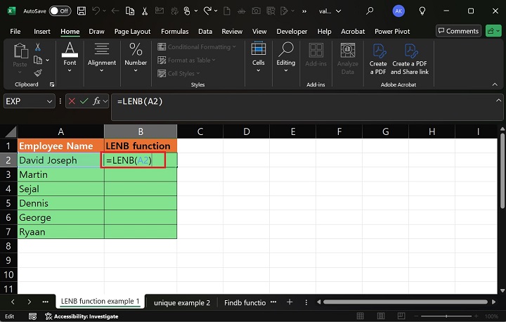 LENB Function in Excel 1