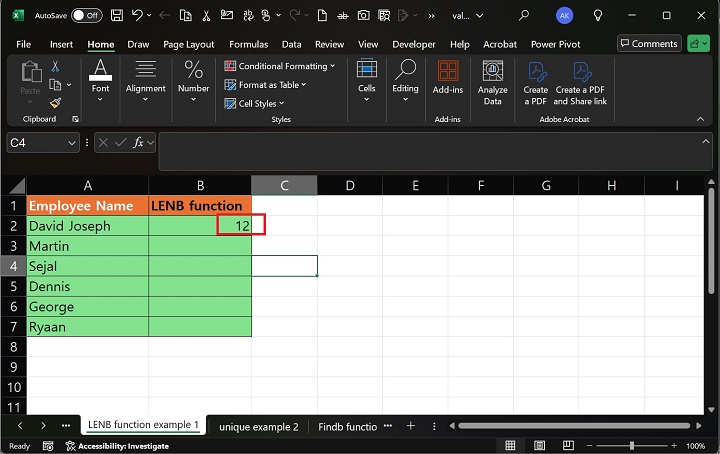 LENB Function in Excel 2