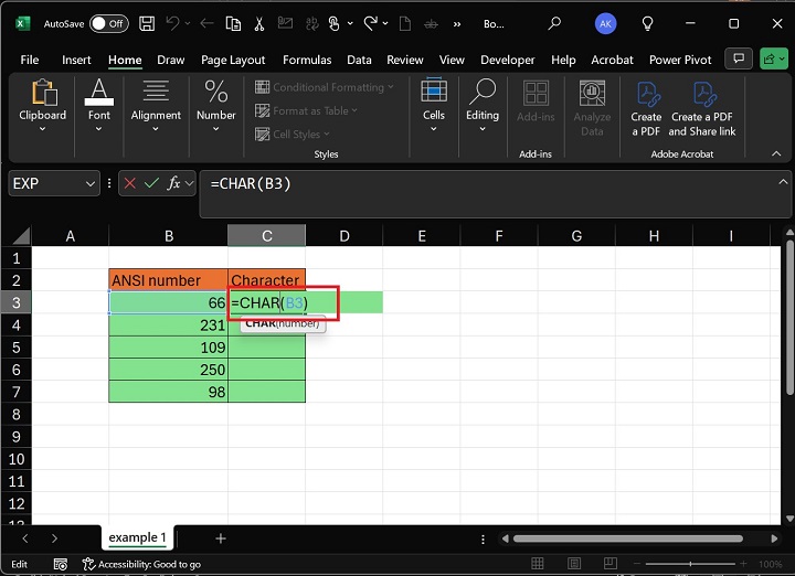 Write Formula CHAR(B3) in C3 Cell