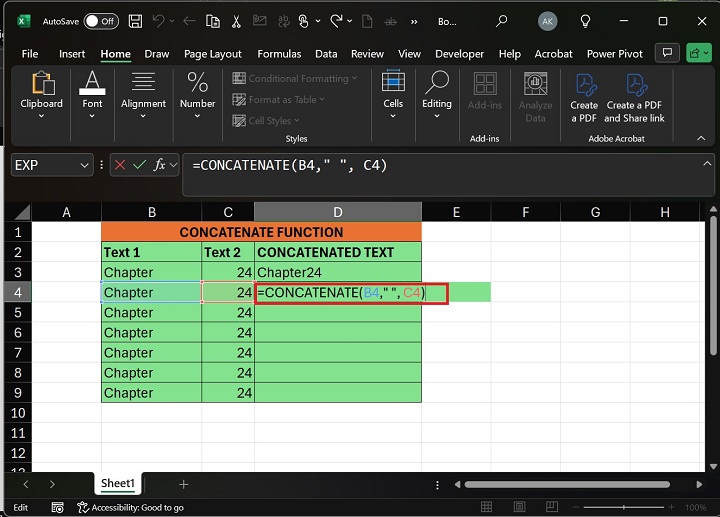 Write Formula CONCATENATE in D4 Cell