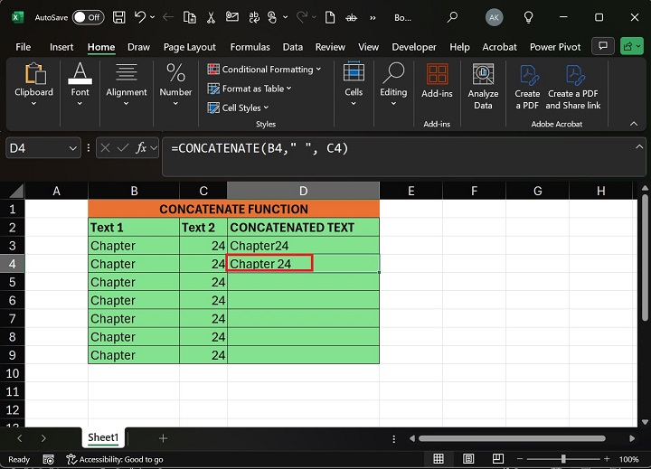 Write Formula CONCATENATE in D4 Cell Hit Enter