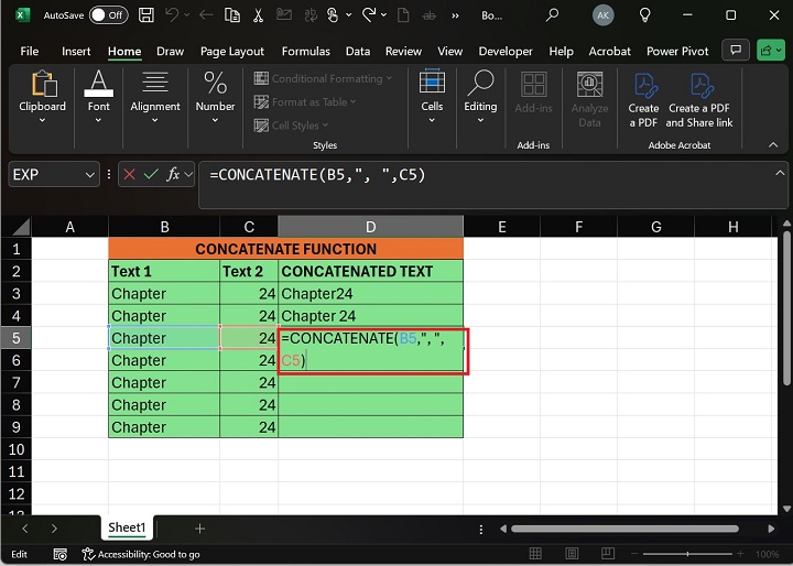 Write Formula CONCATENATE in D5 Cell